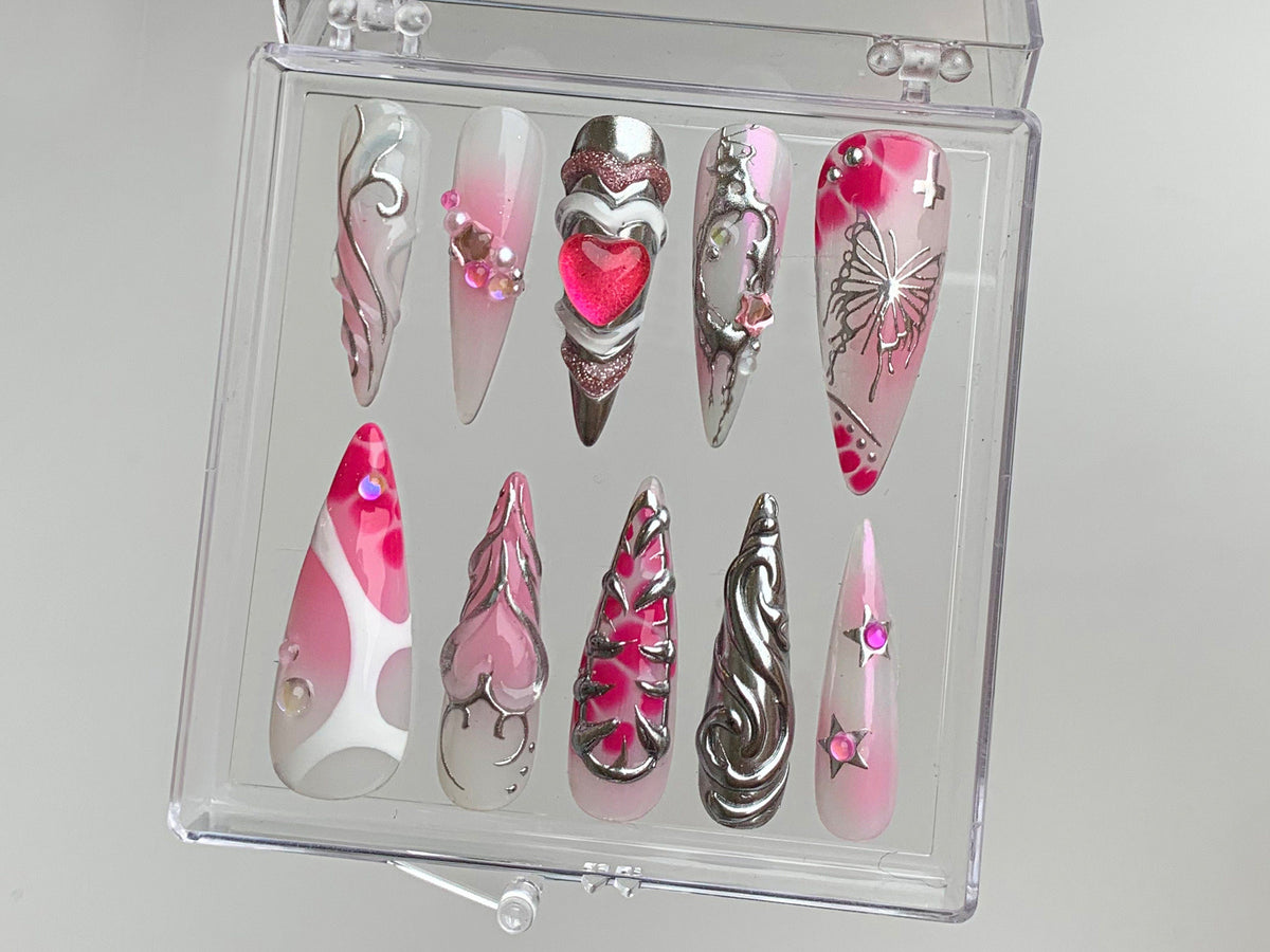 Pink Heart  Press On Nails | gel nail art | Get Nostalgic with Y2K-Inspired Press On Nails | pink press on nails | Nail Art | OB323