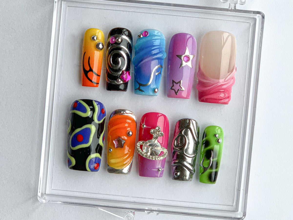 Vibrant Handcrafted Press On Nails | Colorful, Artistic Fake Nails | Globe charms on Acrylic Nails | Trendy and Unique Nail Art | OB376T
