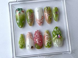 Spring Garden Press On Nails | Floral and Greenery Nail Art | Nail Set With Strawberry Design | Star charms on Fake Nails | OB378T
