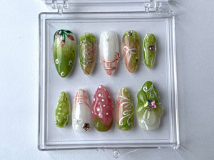 Spring Garden Press On Nails | Floral and Greenery Nail Art | Nail Set With Strawberry Design | Star charms on Fake Nails | OB378T