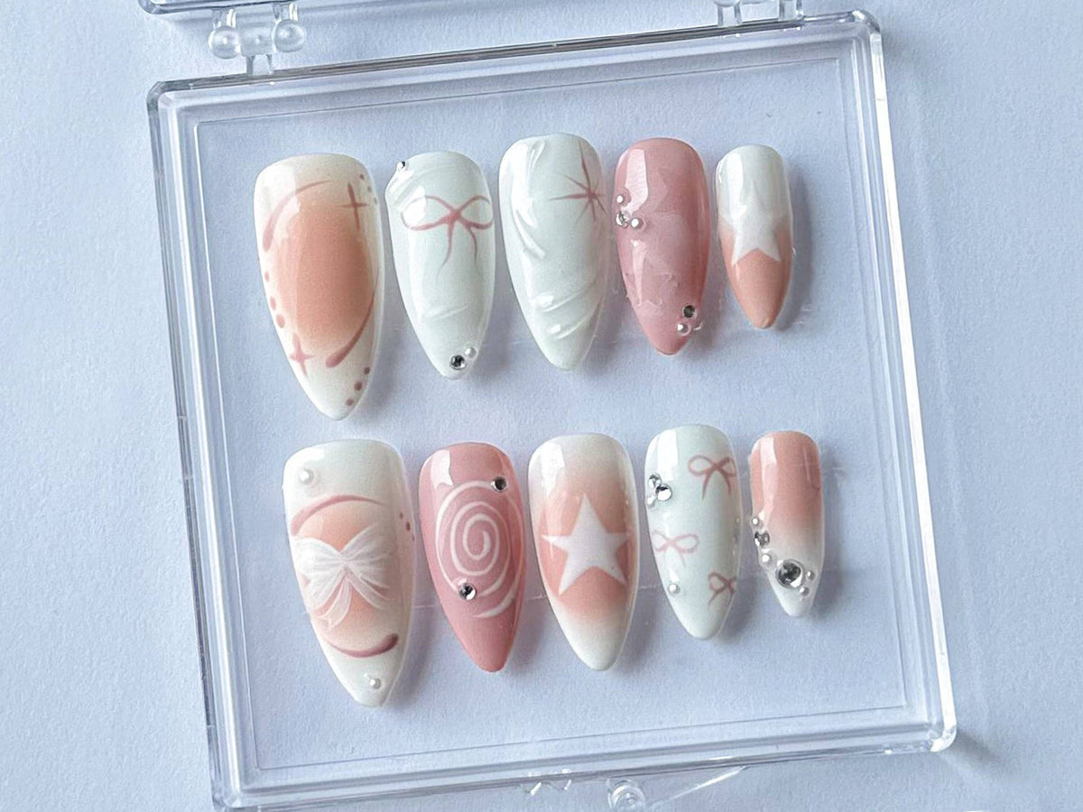 Pearly Pink Y2K Press On Nails | Cute 3D Bow Gel Nails | Handmade Gift for Her |  OB21L