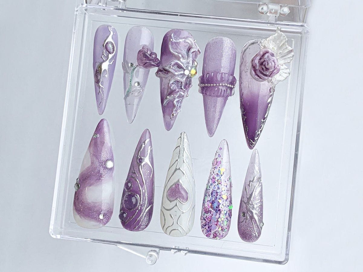 Free-Style Almond Press On Nails | Rosy Purple Press Ons | heart patterns nail art | Floral Violet On Fake Nails | Nail charms | OB345TC