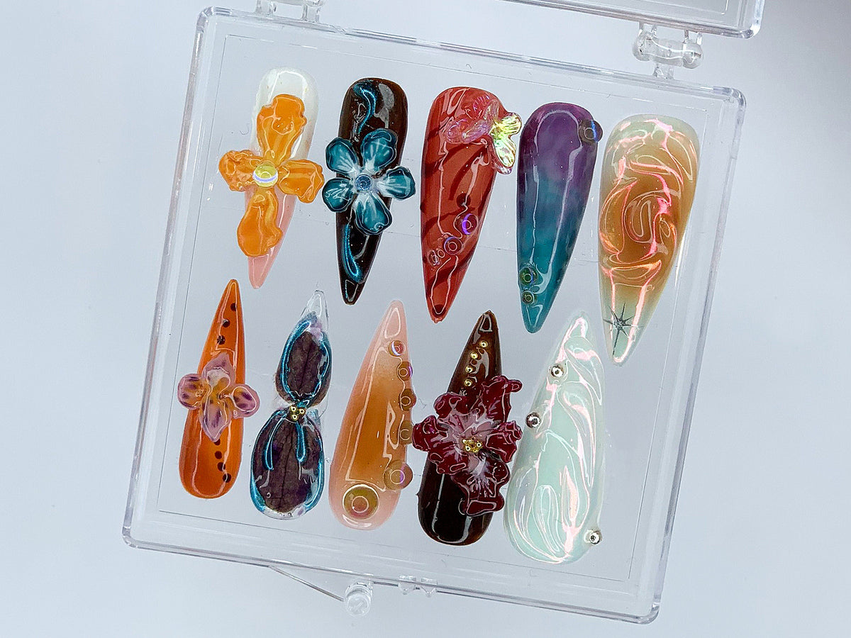 Custom Flower Fairycore Nails | Press On Nails Almond | Dreamy 3D Orchad Floral Press-Ons | Hand-painted Acrylic Spring Fake Nails| OB398AH