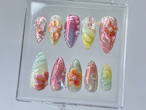 Secret Garden Long Almond Press On Nails | Stunning 3D Floral On Fake Nails | Custom 3D Butterfly Nail Art|Nail Charms, gyaru nails |OB399TK