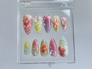 Secret Garden Long Almond Press On Nails | Stunning 3D Floral On Fake Nails | Custom 3D Butterfly Nail Art|Nail Charms, gyaru nails |OB399TK