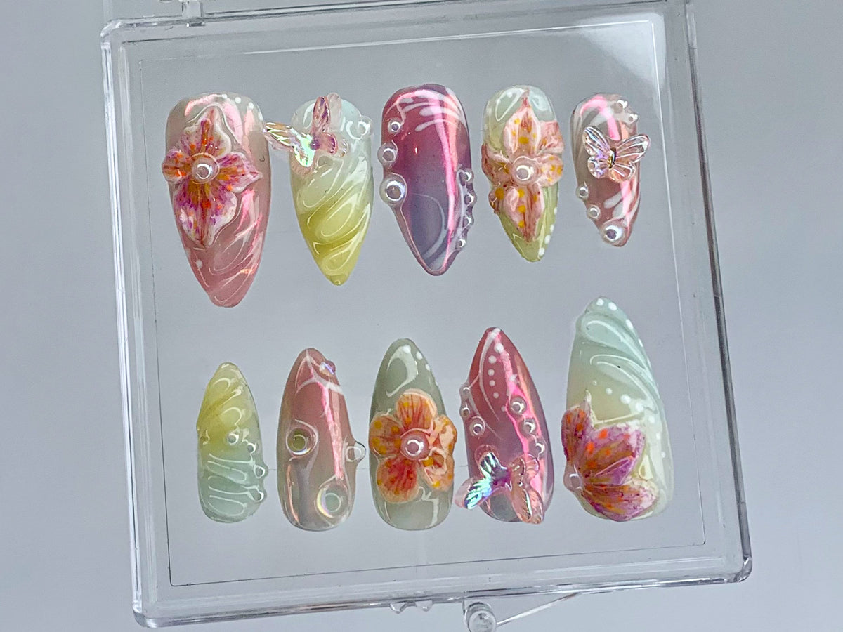 Secret Garden Long Almond Press On Nails | Stunning 3D Floral On Fake Nails | Custom 3D Butterfly Nail Art|Nail Charms, gyaru nails |OB399TK