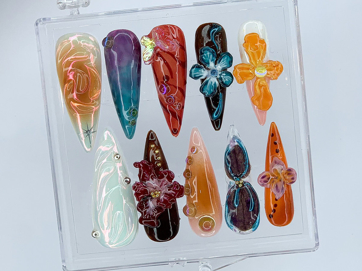 Custom Flower Fairycore Nails | Press On Nails Almond | Dreamy 3D Orchad Floral Press-Ons | Hand-painted Acrylic Spring Fake Nails| OB398AH