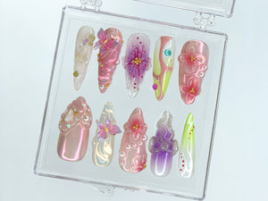 Dreamy Garden Press On Nails Almond | Butterfly Charms| 3D FairyCore Flower Press Ons | Romantic Nail Art in Fake Nails | OB400SL