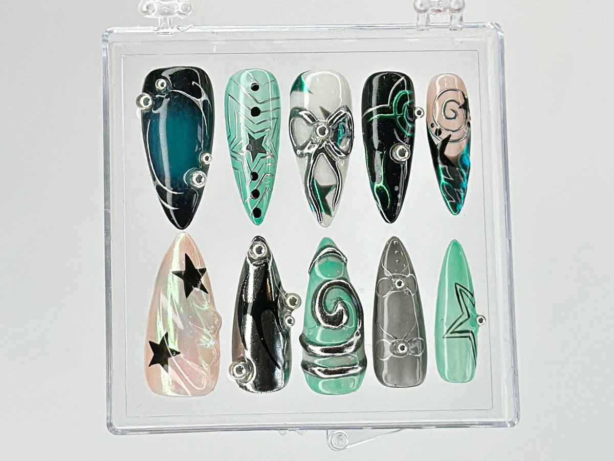 Galaxy Star Press On Nails  | Customizable Acrylic Nails with Rhinestones | Cosmic Nail Art | Y2k Nails | Nail Charms | Fake nails | OB406T