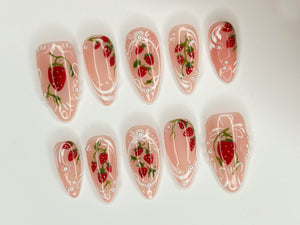 Pink Strawberry Garden Nails | Stand Out with 3D Gel Nail Set | Floral and Strawberry Patterns | Dreamy Garden on Your Fingertips | OC271S