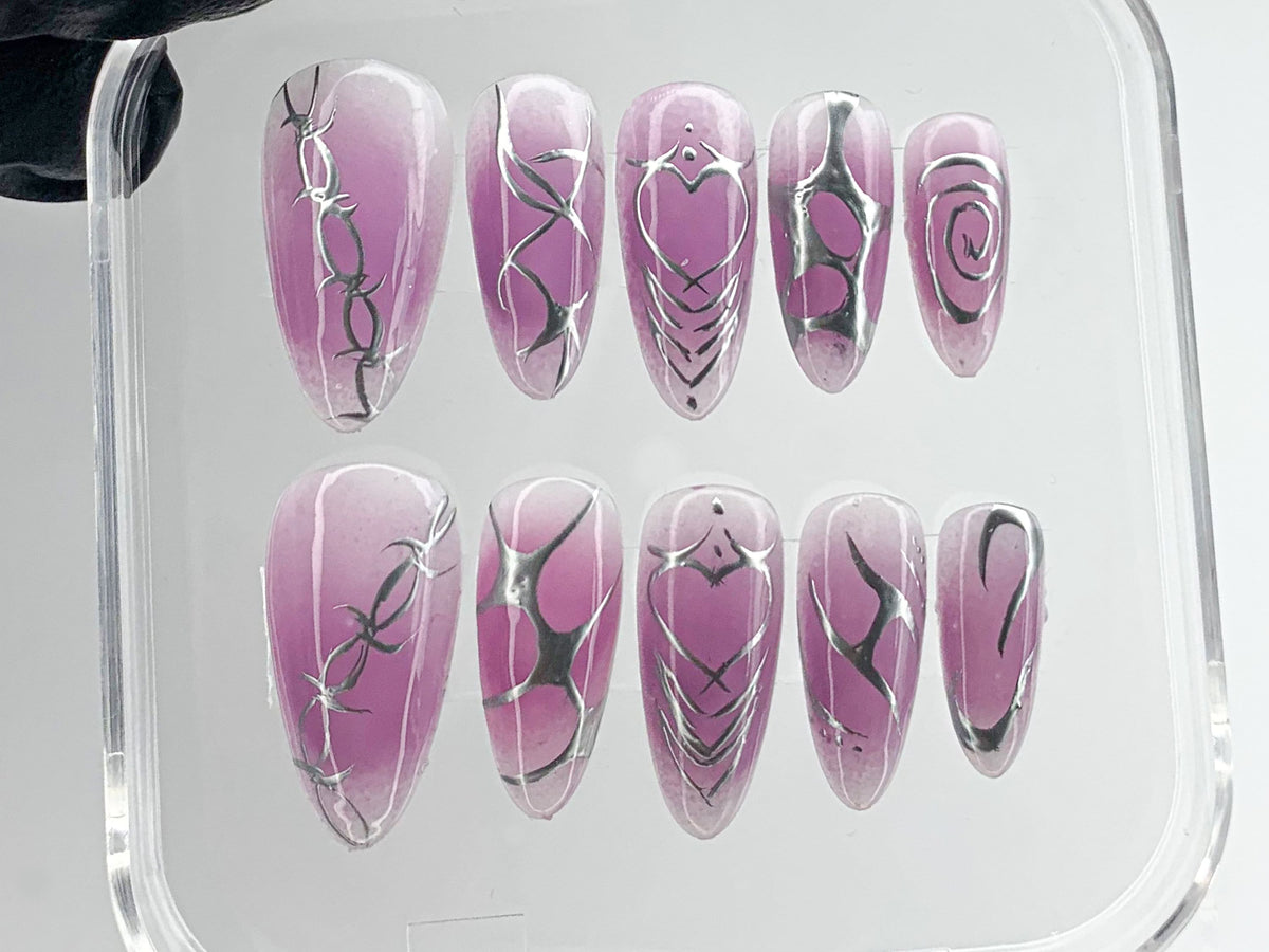 Enchanting Ombre Purple Press On Nails | Detailed Silver Feather Nail Art | Luxurious Feathered Purple Y2k Nails | fake nails | OB133T