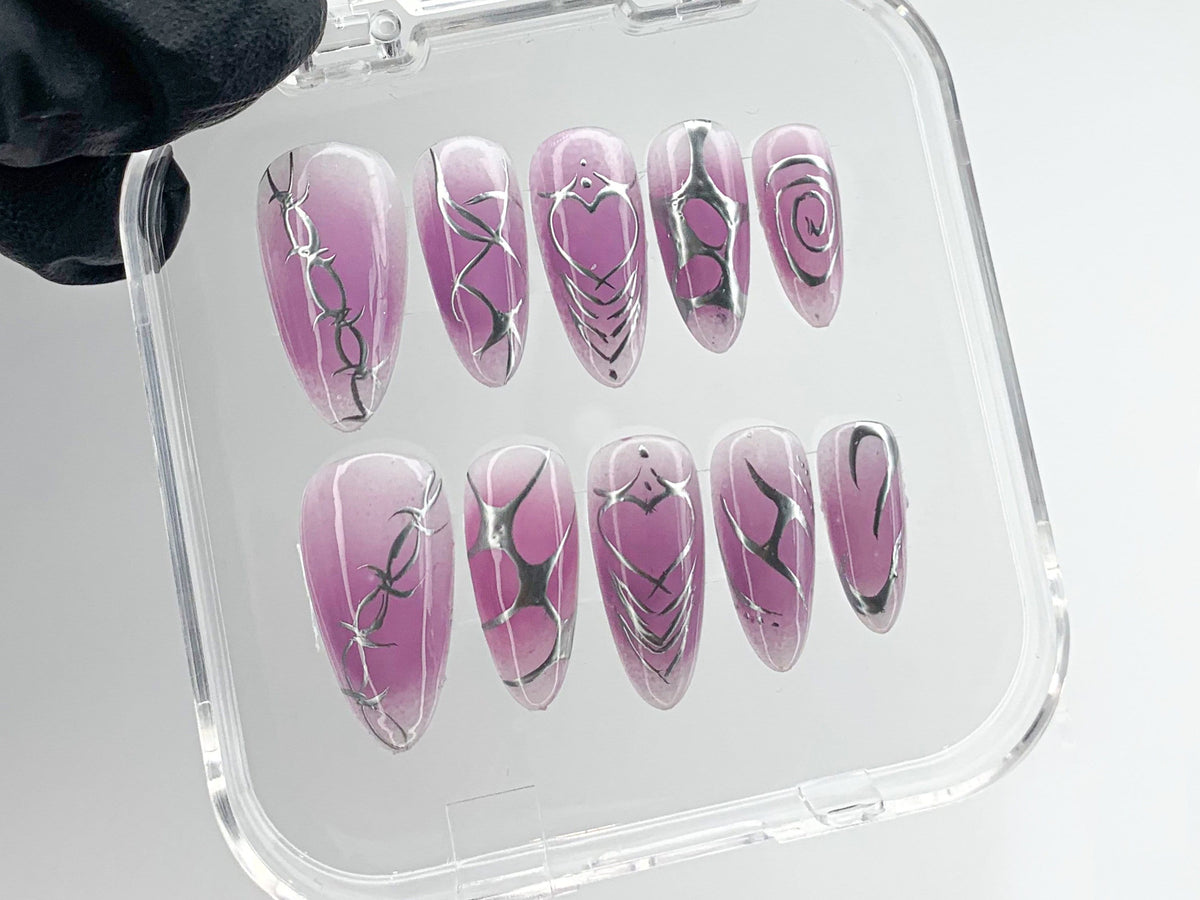 Enchanting Ombre Purple Press On Nails | Detailed Silver Feather Nail Art | Luxurious Feathered Purple Y2k Nails | fake nails | OB133T