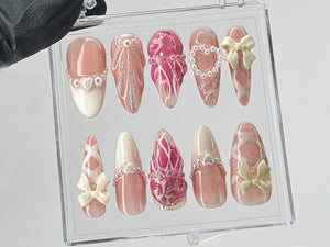 Romantic Bows Press On Nails | Custom Pearl and Glitter Patterns On Fake Nails | French Tip Nail Art | Cute Jellyfish Gyaru Nails | OB410T