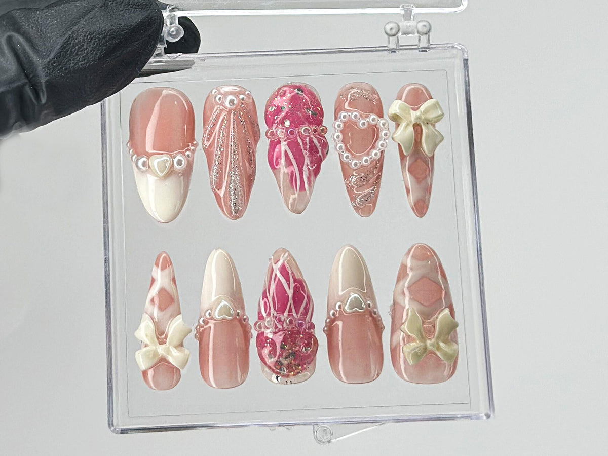 Romantic Bows Press On Nails | Custom Pearl and Glitter Patterns On Fake Nails | French Tip Nail Art | Cute Jellyfish Gyaru Nails | OB410T