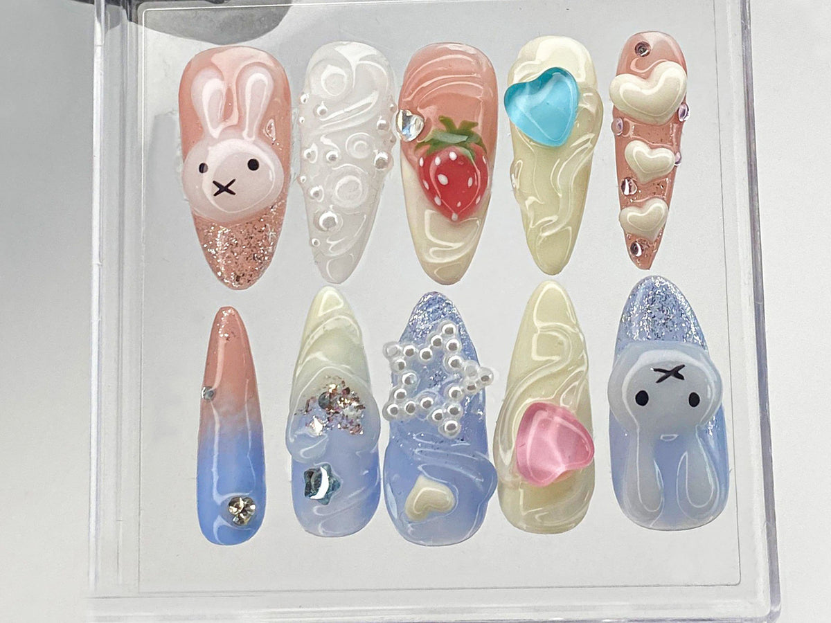 Cartoon Miffy Press On Nails | Heartbeat Nails Press On | Pink 3D Nail Art | Strawberry Fake Nail | Bunny Kawaii Nail Polish | OB411Y
