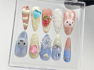 Cartoon Miffy Press On Nails | Heartbeat Nails Press On | Pink 3D Nail Art | Strawberry Fake Nail | Bunny Kawaii Nail Polish | OB411Y