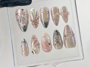 Pink 3D Gel Raised Press On Nail | Fluttery Butterfly Nail Art | Y2K Style Nails | Secret Garden Flower Nails | Silver Fake Nails | OB412Y