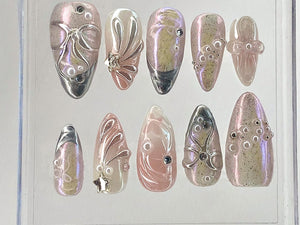 Pink 3D Gel Raised Press On Nail | Fluttery Butterfly Nail Art | Y2K Style Nails | Secret Garden Flower Nails | Silver Fake Nails | OB412Y