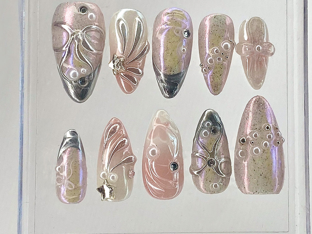 Pink 3D Gel Raised Press On Nail | Fluttery Butterfly Nail Art | Y2K Style Nails | Secret Garden Flower Nails | Silver Fake Nails | OB412Y