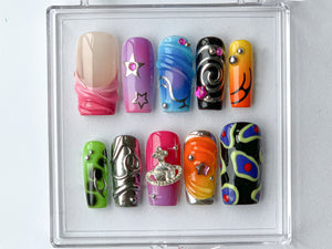 Vibrant Handcrafted Press On Nails | Colorful, Artistic Fake Nails | Globe charms on Acrylic Nails | Trendy and Unique Nail Art | OB376T