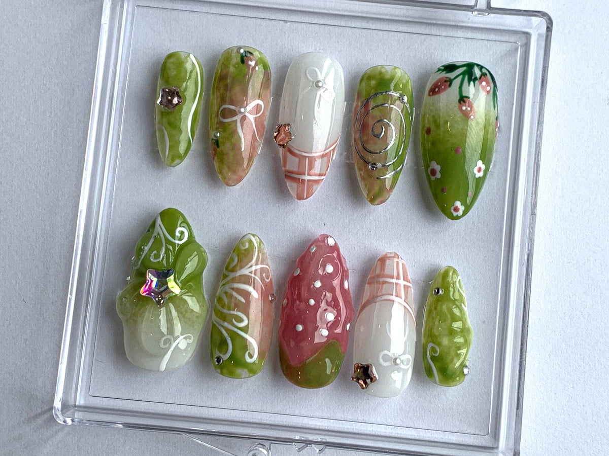 Spring Garden Press On Nails | Floral and Greenery Nail Art | Nail Set With Strawberry Design | Star charms on Fake Nails | OB378T