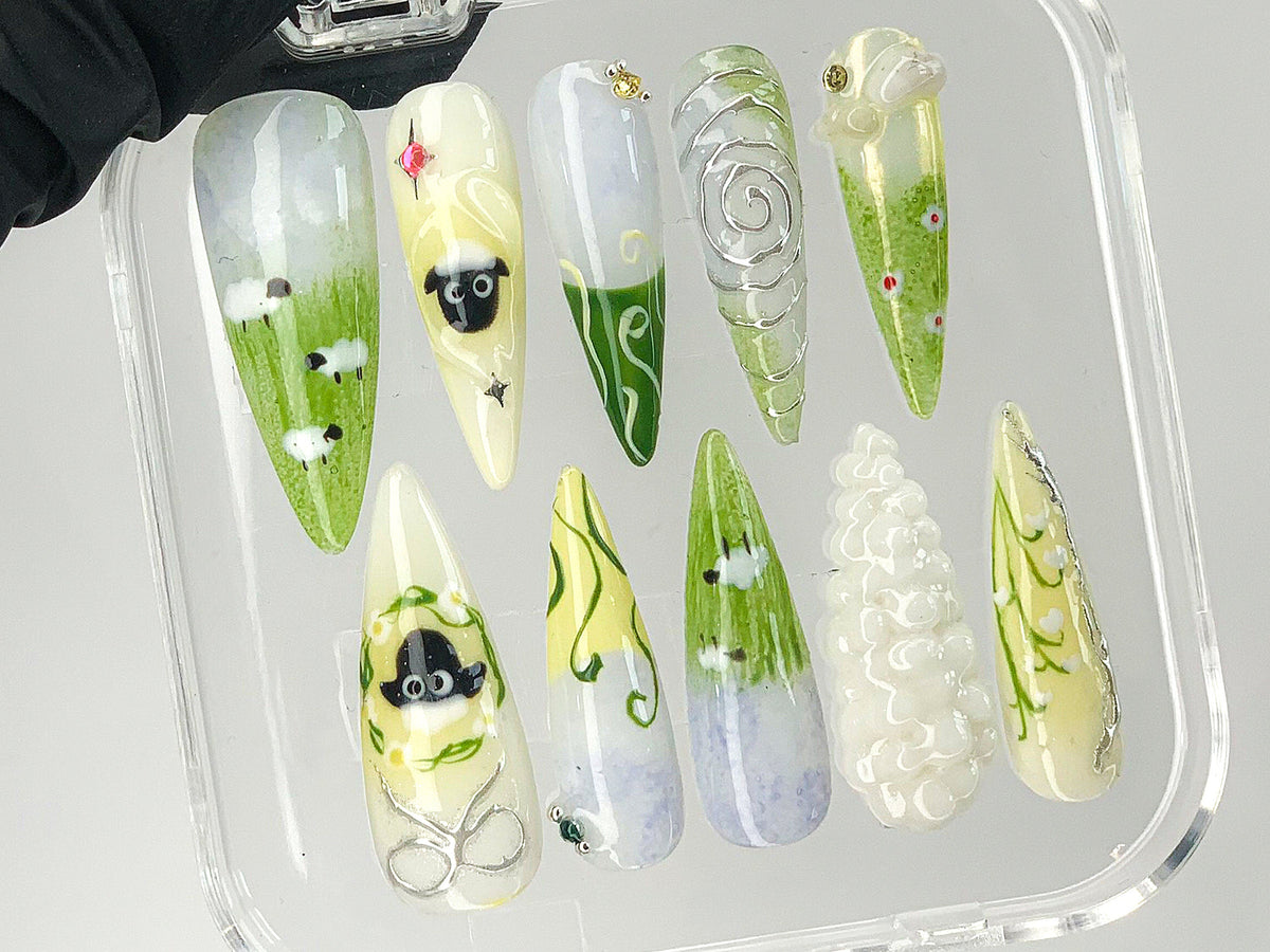 Cute Sheep Press On Nails | Custom Pastel Green Animal Handpainted Nail Art | 3D Gel Nail Designs | Watercolor in Fake Nails | OB418AM