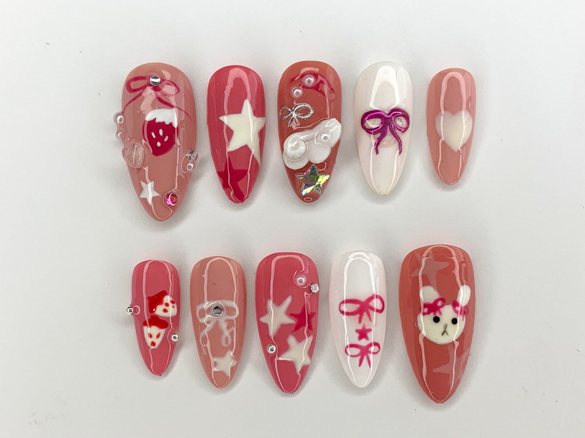 Pink Miffy Long Almond Press On Nail | Cute Bunny False Nails Art | Strawberry, Stars and Bow Nails for Holiday Birthday Easter | OC295S