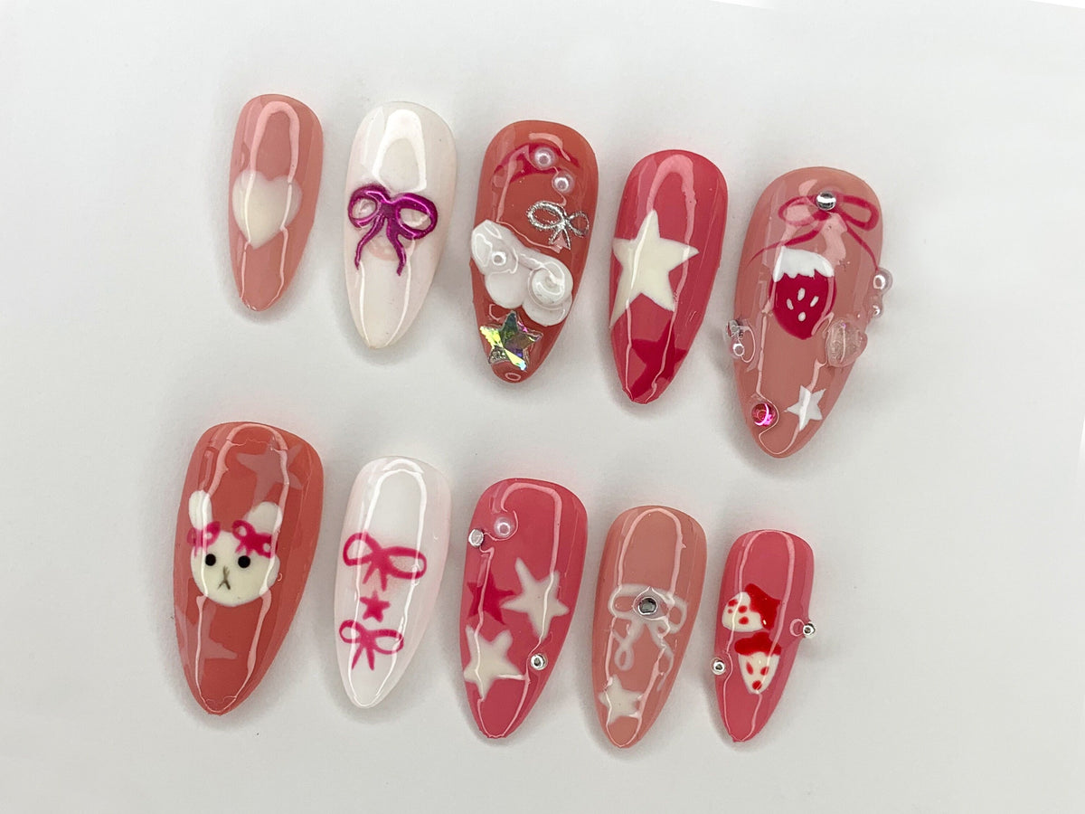 Pink Miffy Long Almond Press On Nail | Cute Bunny False Nails Art | Strawberry, Stars and Bow Nails for Holiday Birthday Easter | OC295S