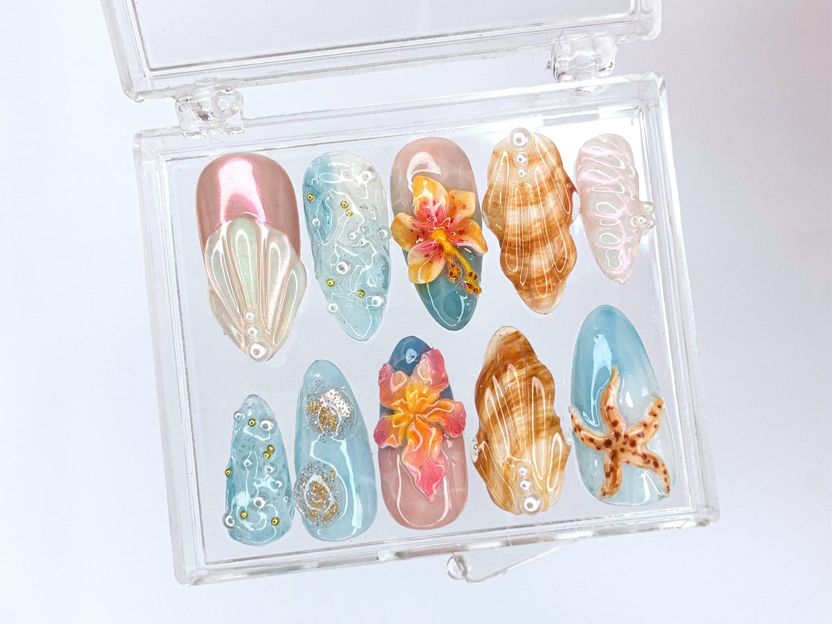 Tropical Beach 3D Press On Nails | Ocean-Inspired Designs with Flowers, Seashells, and Starfish | Handmade Press On Nails | OB421SL