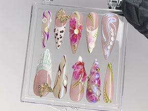 Luxurious butterfly Press On Nails | Stunning 3D Floral On Fake Nails | French Tips Nail Art | Nail Charms, gyaru nails | press ons| OB429TK