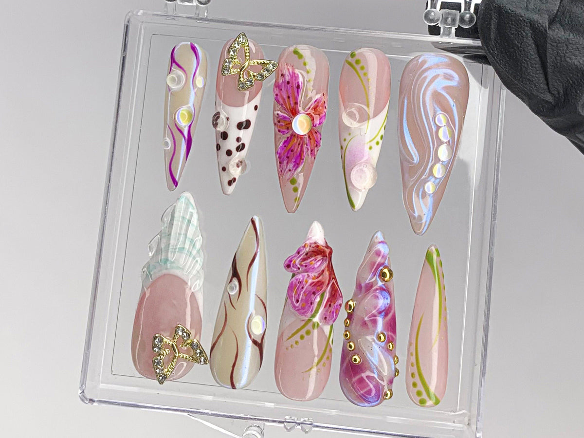 Luxurious butterfly Press On Nails | Stunning 3D Floral On Fake Nails | French Tips Nail Art | Nail Charms, gyaru nails | press ons| OB429TK