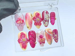 Blooming Flowers Press On Nails | 3D Chrome Flowers Acrylic Nails | Stunning Floral False Nails Press On| Spring Summer Nail Art | OB423YL