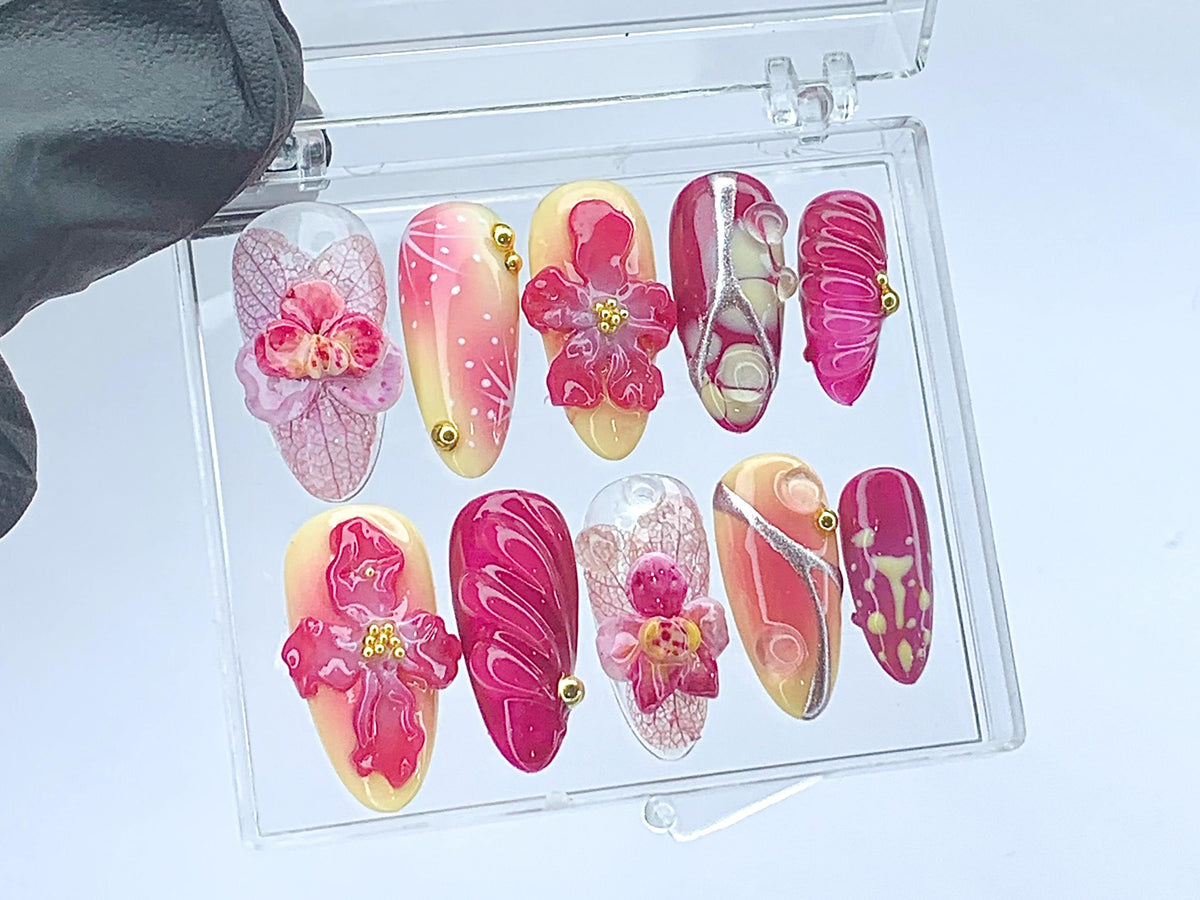 Blooming Flowers Press On Nails | 3D Chrome Flowers Acrylic Nails | Stunning Floral False Nails Press On| Spring Summer Nail Art | OB423YL