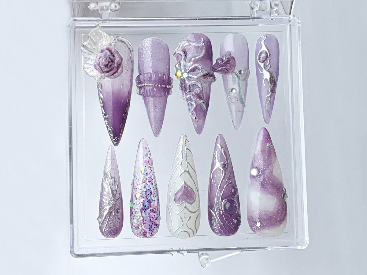 Free-Style Almond Press On Nails | Rosy Purple Press Ons | heart patterns nail art | Floral Violet On Fake Nails | Nail charms | OB345TC