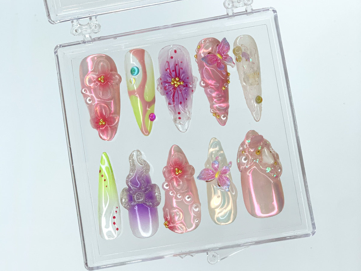 Dreamy Garden Press On Nails Almond | Butterfly Charms| 3D FairyCore Flower Press Ons | Romantic Nail Art in Fake Nails | OB400SL