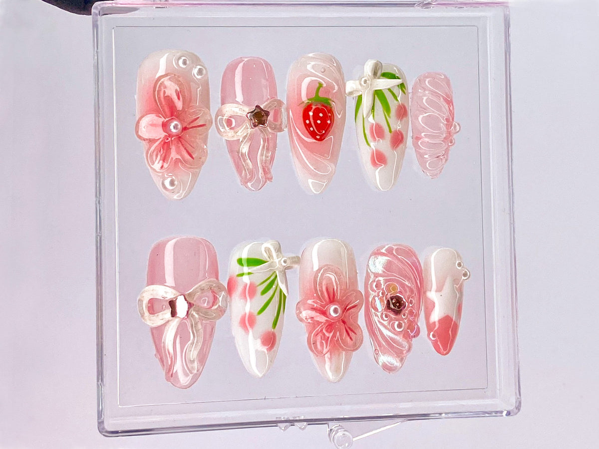 Sweet Strawberry Charm Press On Nail | Pink Bows and Flowers Nail | Floral Strawberry | Delicate Pink Floral | Y2K White Star Nail | OB433YL