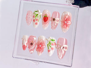 Sweet Strawberry Charm Press On Nail | Pink Bows and Flowers Nail | Floral Strawberry | Delicate Pink Floral | Y2K White Star Nail | OB433YL