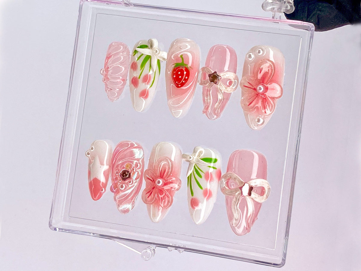 Sweet Strawberry Charm Press On Nail | Pink Bows and Flowers Nail | Floral Strawberry | Delicate Pink Floral | Y2K White Star Nail | OB433YL