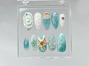 Ocean-Inspired Press On Nails | Stunning 3D Starfish On Fake Nails | summer press on nails | Luxurious pearls Ocean Nails | OB440TH