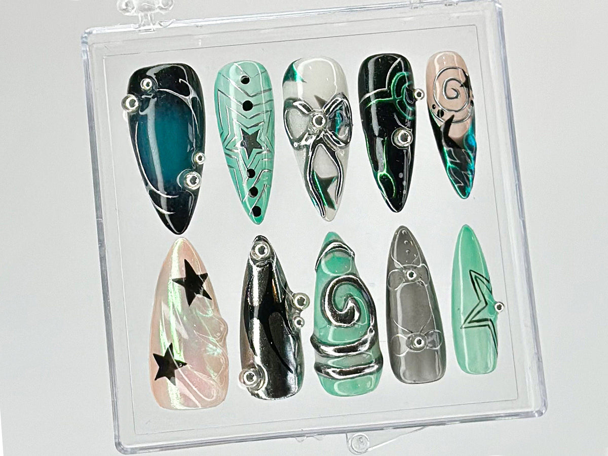 Galaxy Star Press On Nails  | Customizable Acrylic Nails with Rhinestones | Cosmic Nail Art | Y2k Nails | Nail Charms | Fake nails | OB406T