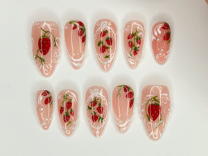 Pink Strawberry Garden Nails | Stand Out with 3D Gel Nail Set | Floral and Strawberry Patterns | Dreamy Garden on Your Fingertips | OC271S