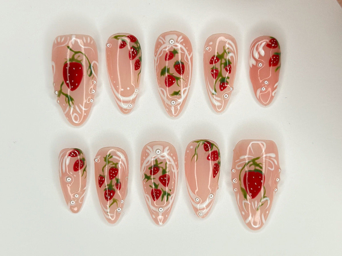 Pink Strawberry Garden Nails | Stand Out with 3D Gel Nail Set | Floral and Strawberry Patterns | Dreamy Garden on Your Fingertips | OC271S