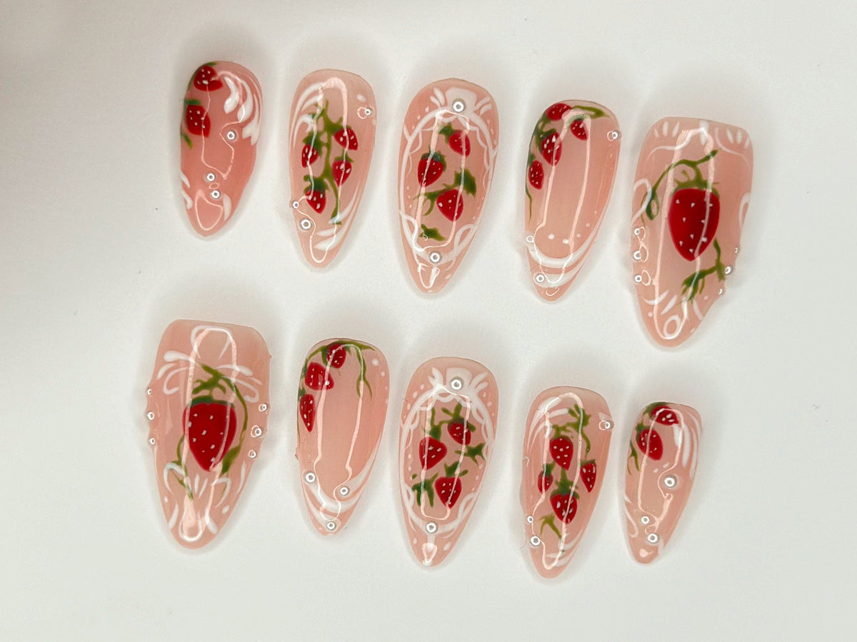 Pink Strawberry Garden Nails | Stand Out with 3D Gel Nail Set | Floral and Strawberry Patterns | Dreamy Garden on Your Fingertips | OC271S