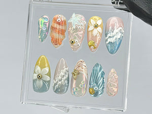 Ocean Dream Press On Nails | Aquatic Elegance Nail Art | Unique Press Ons with Pearl | summer press on nails |ocean press on nails | OB445TK
