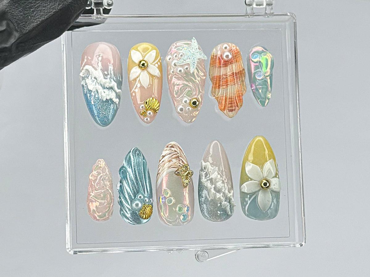 Ocean Dream Press On Nails | Aquatic Elegance Nail Art | Unique Press Ons with Pearl | summer press on nails |ocean press on nails | OB445TK