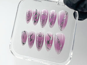 Enchanting Ombre Purple Press On Nails | Detailed Silver Feather Nail Art | Luxurious Feathered Purple Y2k Nails | fake nails | OB133T