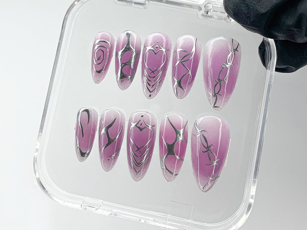 Enchanting Ombre Purple Press On Nails | Detailed Silver Feather Nail Art | Luxurious Feathered Purple Y2k Nails | fake nails | OB133T