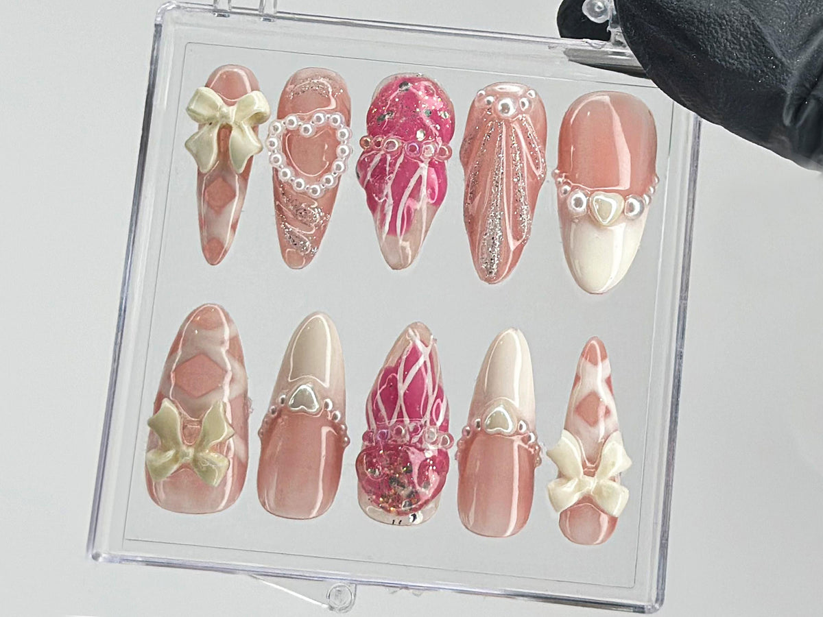 Romantic Bows Press On Nails | Custom Pearl and Glitter Patterns On Fake Nails | French Tip Nail Art | Cute Jellyfish Gyaru Nails | OB410T
