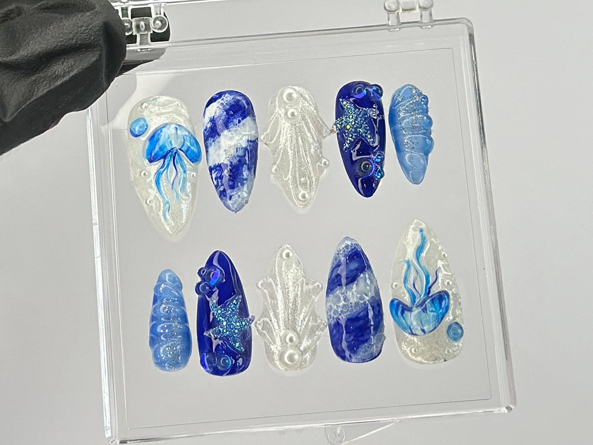 Mystical Ocean Press On Nails | Handcrafted with Jellyfish On Fake nails | Custom Press Ons | summer press on nails | OB449T