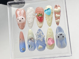 Cartoon Miffy Press On Nails | Heartbeat Nails Press On | Pink 3D Nail Art | Strawberry Fake Nail | Bunny Kawaii Nail Polish | OB411Y